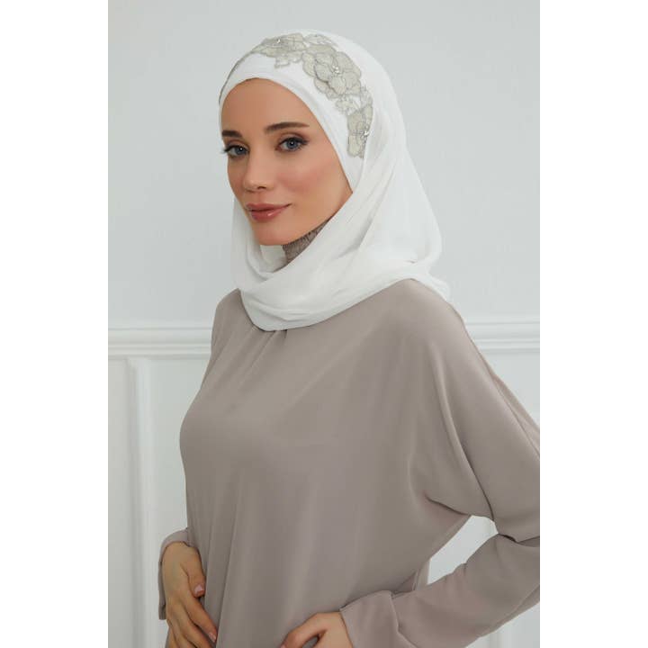 Aisha's Design - Wholesale Hijab – Women’s - Luxury Instant Chiffon Hijab with Floral Lace, Ready-to-Wear Chiffon Hijab with Embroidered Flowers,CPS-10133