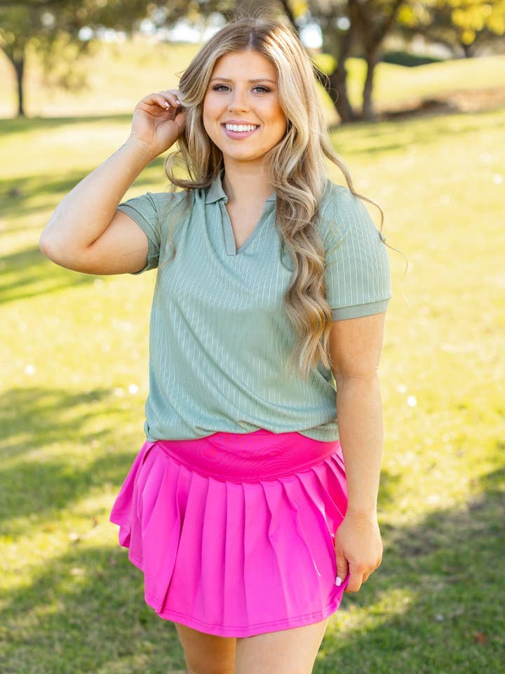 Rib Knit Polo Top, Sage Green for wholesale by GRACE+EMMA by Southern Grace