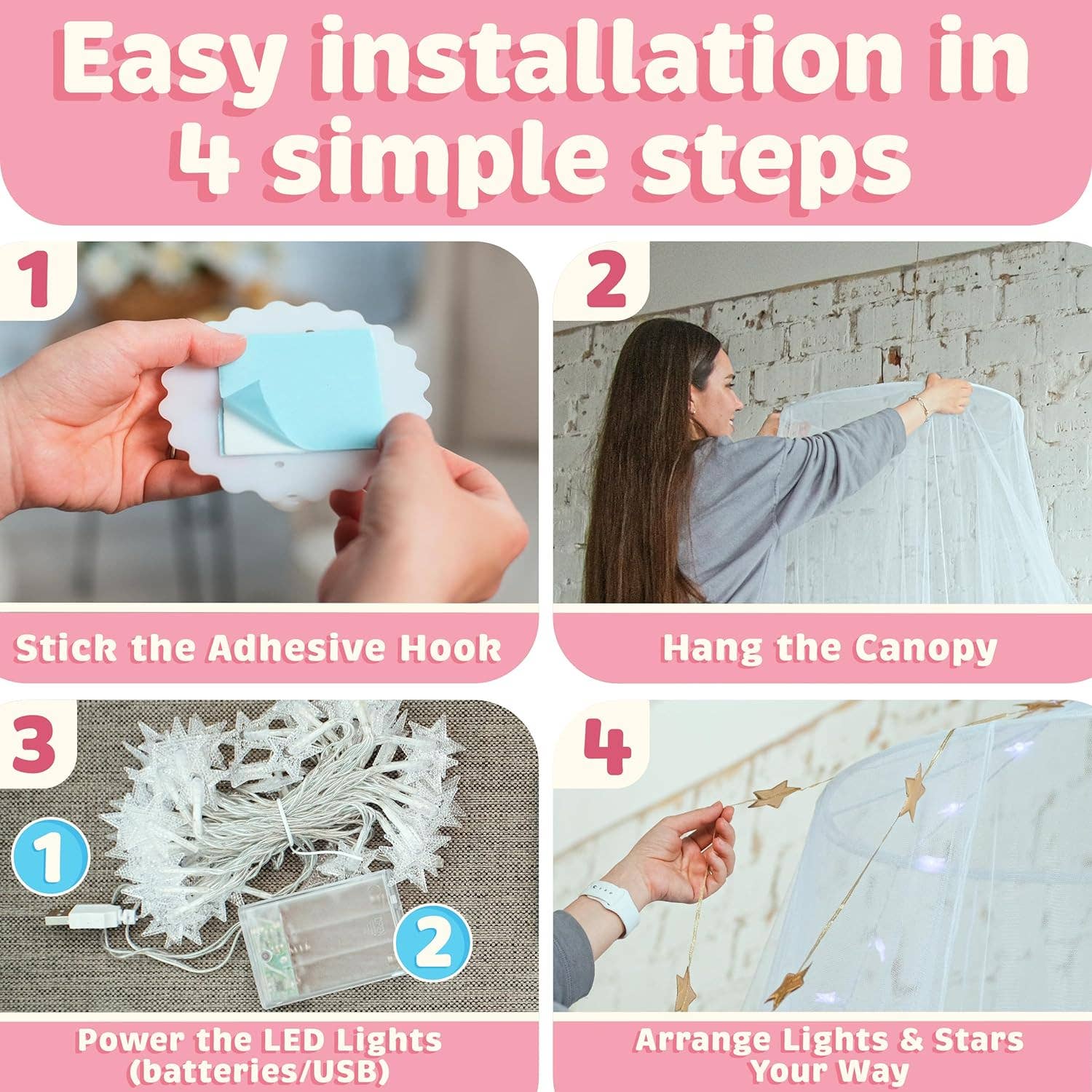 Bollepo - Vente Ciel de lit – enfant et bébé - Baldaquin de lit avec lumières LED2