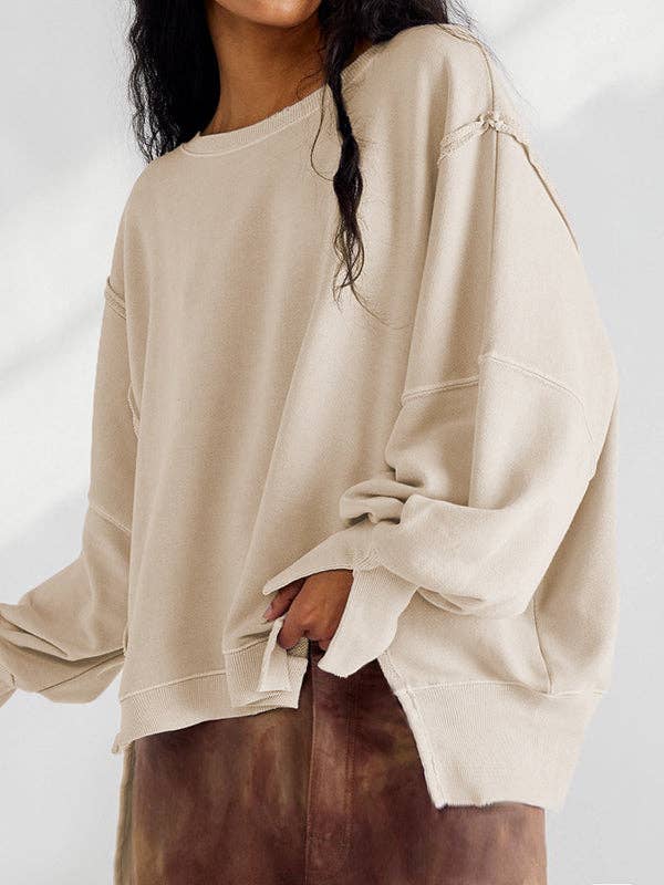 StyleGalX - Wholesale Sweatshirt – Women's - Long Sleeves Loose Fringed Solid Color Split-Joint Split-Side Round-Neck Sweatershirt12