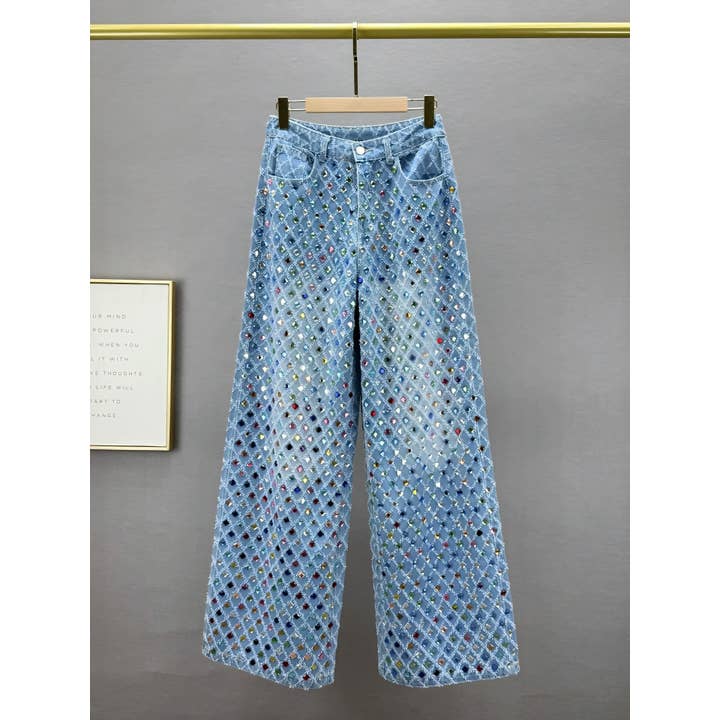 PT48Y Pärlade Högmidjade Vida Jacquard Denimbyxor för wholesale av Productseeker