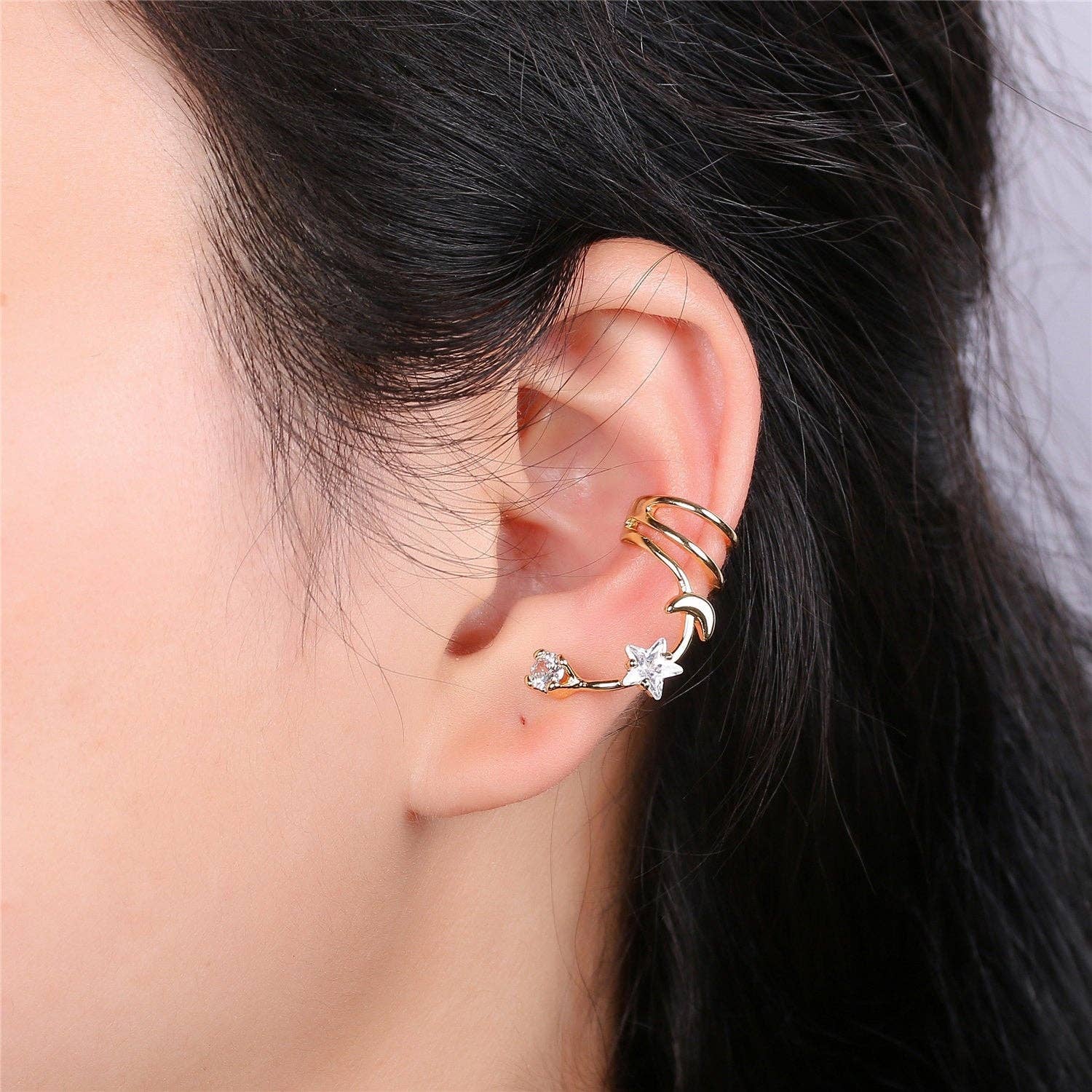 Aim Eternal - Wholesale Cuff/Wrap Earrings - 1x Non pierced conch ear cuff, Gold Cubic ear cuff, Huggie e1
