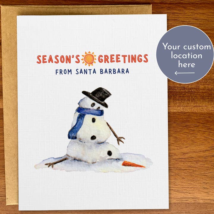 Funny melting snowman holiday card, Warm weather Christmas for wholesale by Pink Hill Press