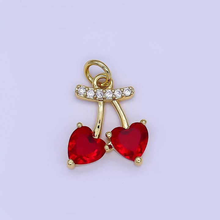 24K Gold Filled Red Cherry Heart Micro Paved CZ Charm | AF500 for wholesale by Aim Eternal