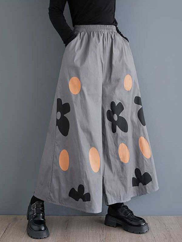 VividLux - Wholesale Pants - Women's - Loose Wide Leg Elasticity Flower Print Pockets Culotte Pants7