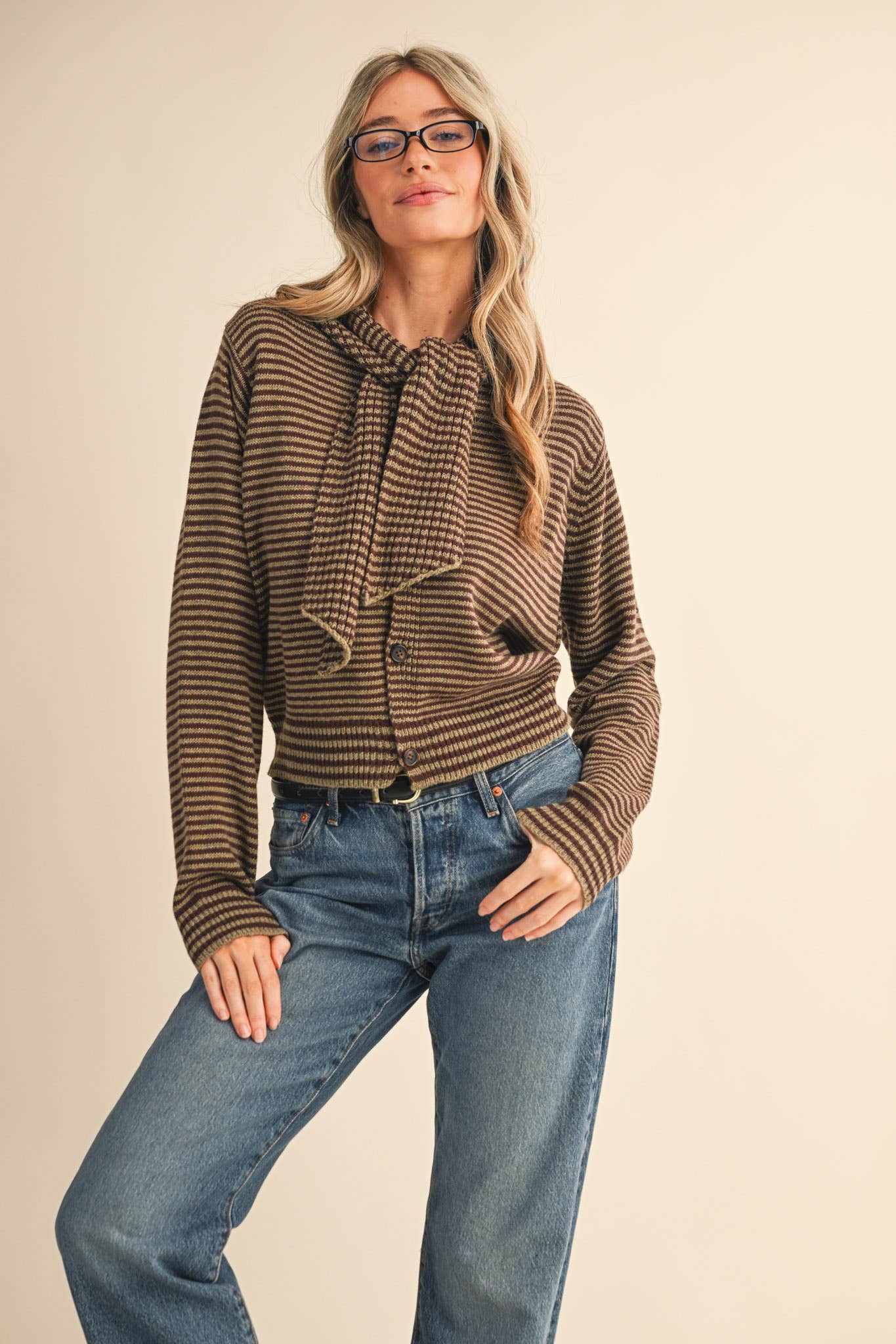 &MERCI - Wholesale Knit Sweater - Women's - STRIPED TYING NECK SWEATER CARDIGAN MSW1112543