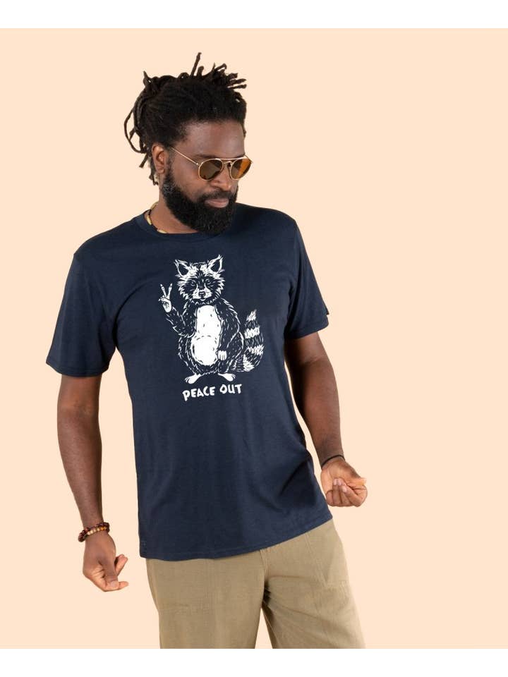 Soul Flower - Wholesale Screen Printed T-Shirt - Unisex - Peace Out Raccoon Organic T-Shirt - Unisex