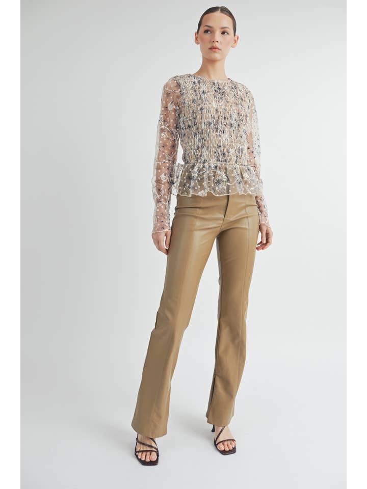 cream Sheer Smocked Embroidered Mesh Peplum Top for wholesale on Faire8