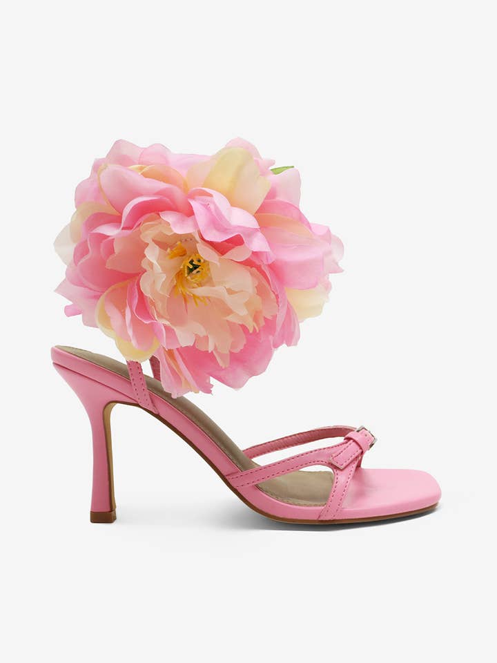 Lemonade Shoes - Wholesale High Heels - Women's - MAI - Flower Heel, Strappy Square Toe, Black/Pink6