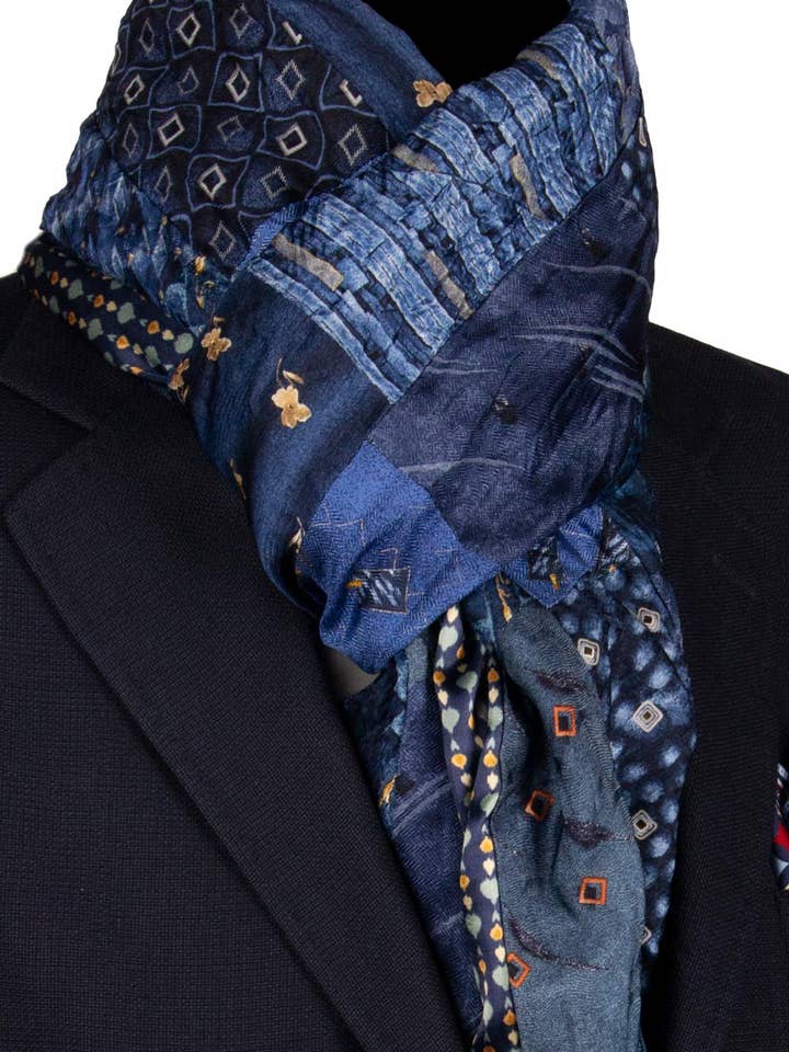 Cachecol de Seda Azul Vintage Patchwork Padrão Multicolorido S762 por atacado de Graffeo Cravatte