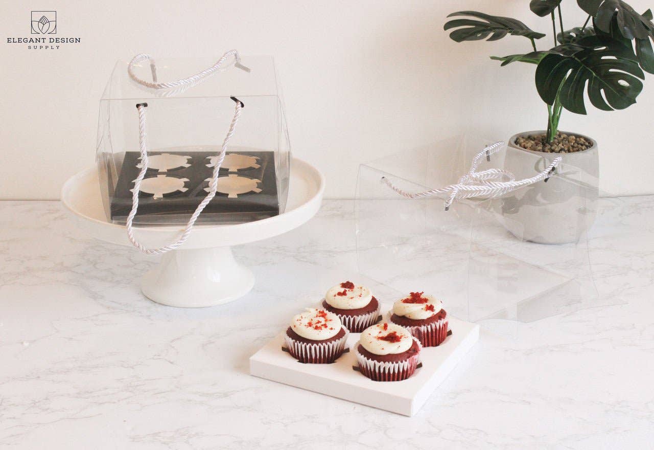 Elegant Design Supply - Vente Caissettes en papier pour cupcakes/muffins - Boîte transparente pour 4 cupcakes ordinaires avec ficelles (lot de 2)4
