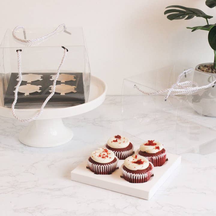 Elegant Design Supply - Vente Caissettes en papier pour cupcakes/muffins - Boîte transparente pour 4 cupcakes ordinaires avec ficelles (lot de 2)4