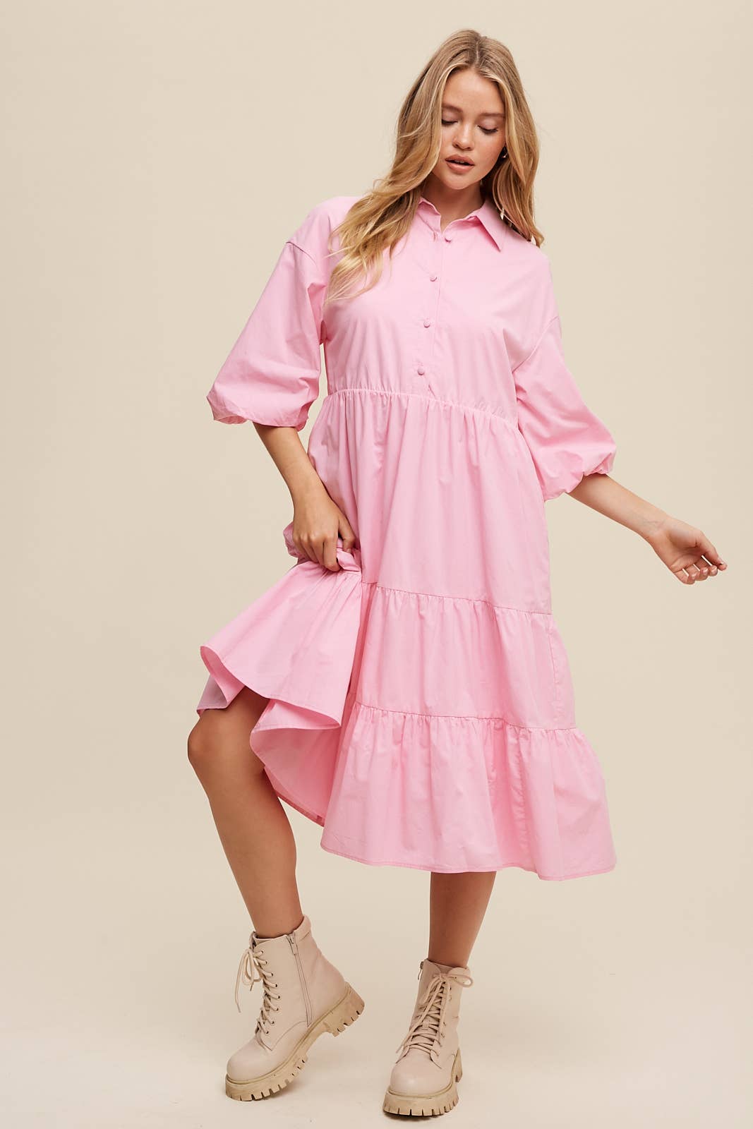 Listicle - Wholesale Dress - Women's - Tiered Poplin Shirt Dress43