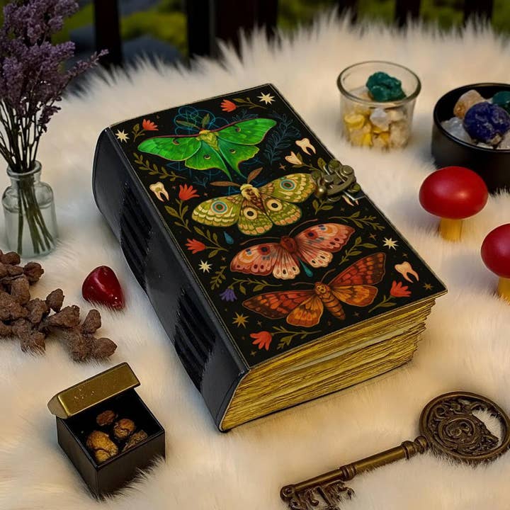 MNM HANDICRAFTS - Wholesale Journal/Diary - Handmade Leather Journal with Lock Colorful Moth and Floral1