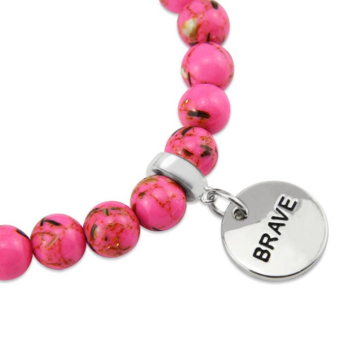 PINK COLLECTION - Hot Pink Synthesis 8mm Bead Bracelet - Silver Word Charms for wholesale by Sister & Soul