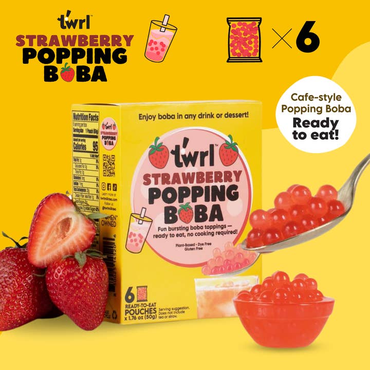 Twrl Milk Tea - Wholesale DIY Drink Kit - Strawberry Popping Boba Topping 6 Pack, Dye-Free Gluten-Free
