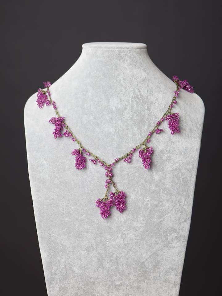 Beaded Necklace with Grape Motif - Raspberry for wholesale by Meredith Strauss
