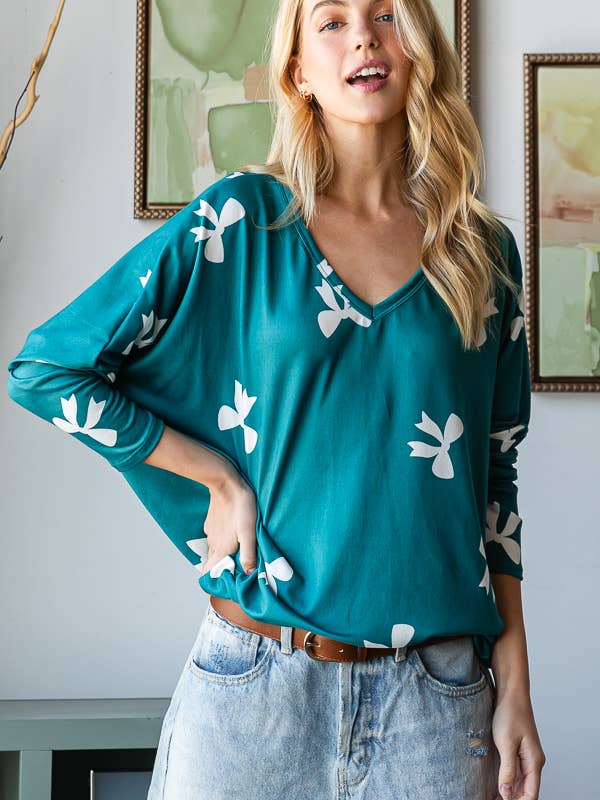 REMOVED BRAND - Wholesale Knit Top - Women's - Fall Bow Print V-Neck Long Sleeve Top in PLUS - HTP12471
