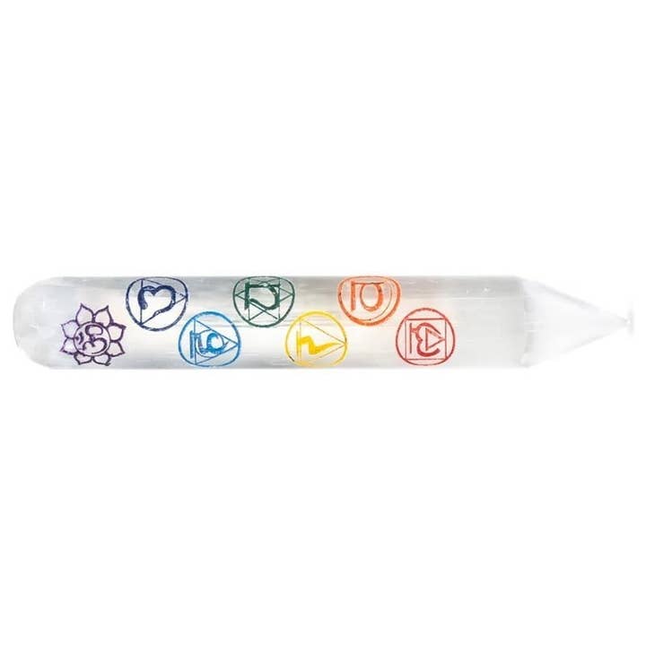 Selenite massage stick engraved with the 7 chakras for wholesale by Casa Lotus