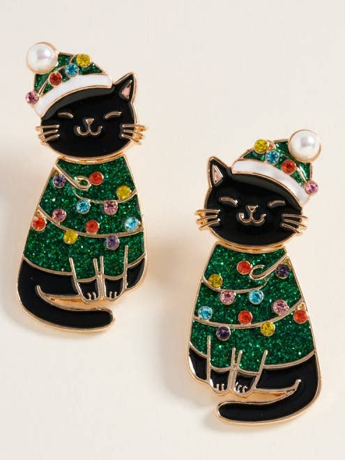 Glitter Cat Christmas Stone Pearl Post Earrings for wholesale by Designature New York