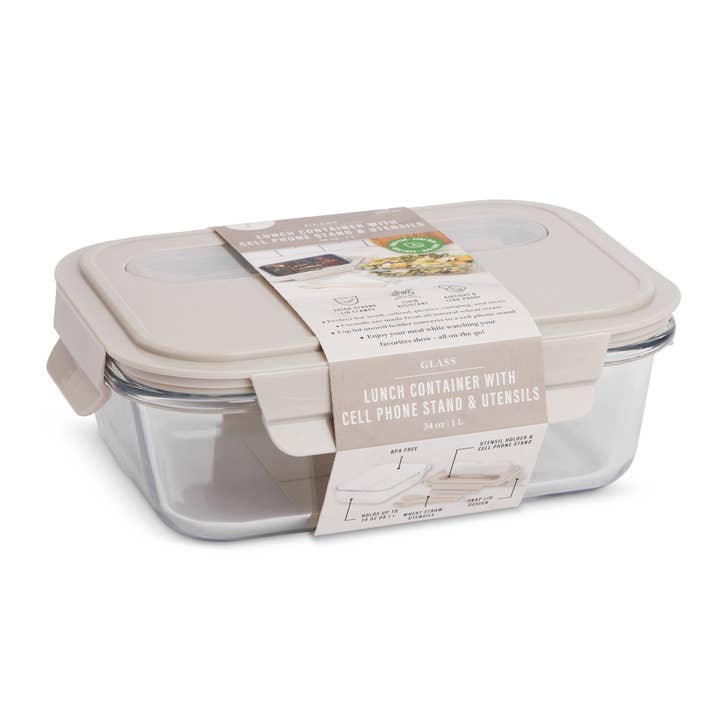 34oz Glass Food Container w/ Utensils & Cell Phone Stand for wholesale by Core Home