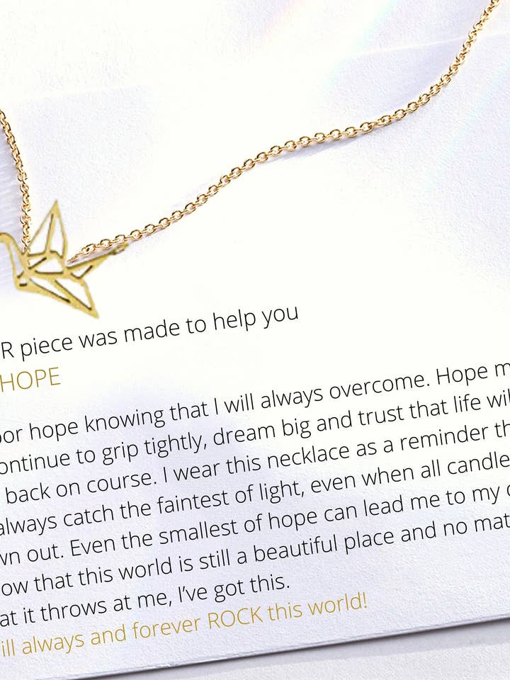 Origami Crane Hope Pendent Necklace | Gold or Silver for wholesale by C.J.ROCKER