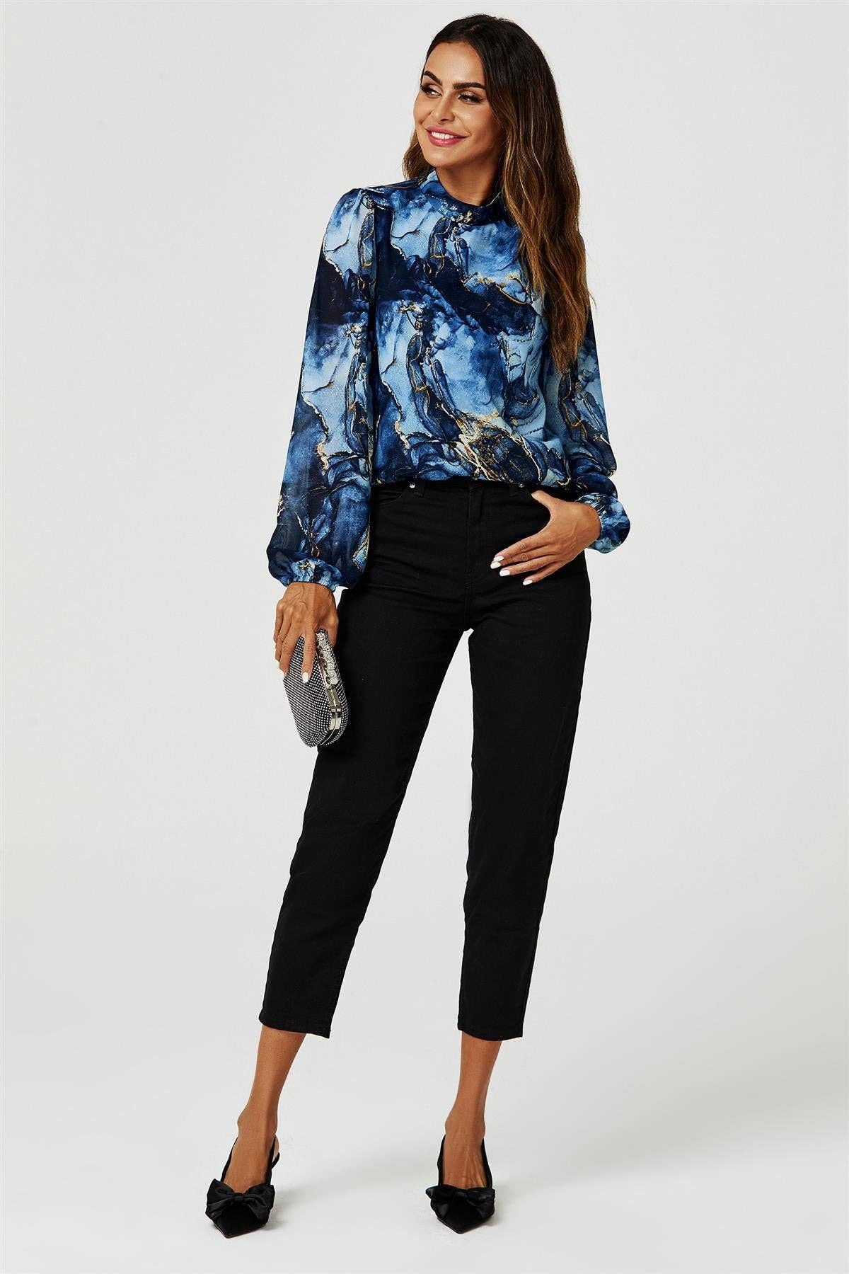 Marble Print Long Sleeve High Neck Top In Navy for wholesale on Faire1