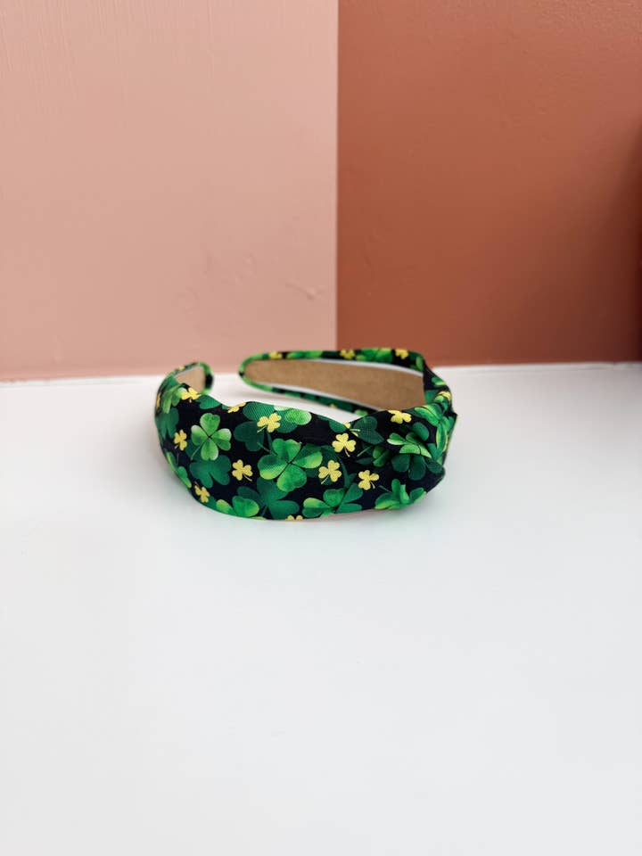 Mini Gold Clovers St Patricks Day TopKnot Headband for wholesale by Little Sunshines Bow & Co