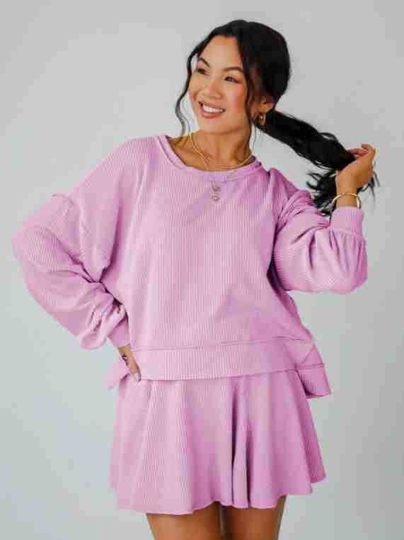 Marayn - Wholesale Top & Skirt Set - Women's - Autumn Ribbed Set Lantern Sleeve Top  Pleated Skirt34