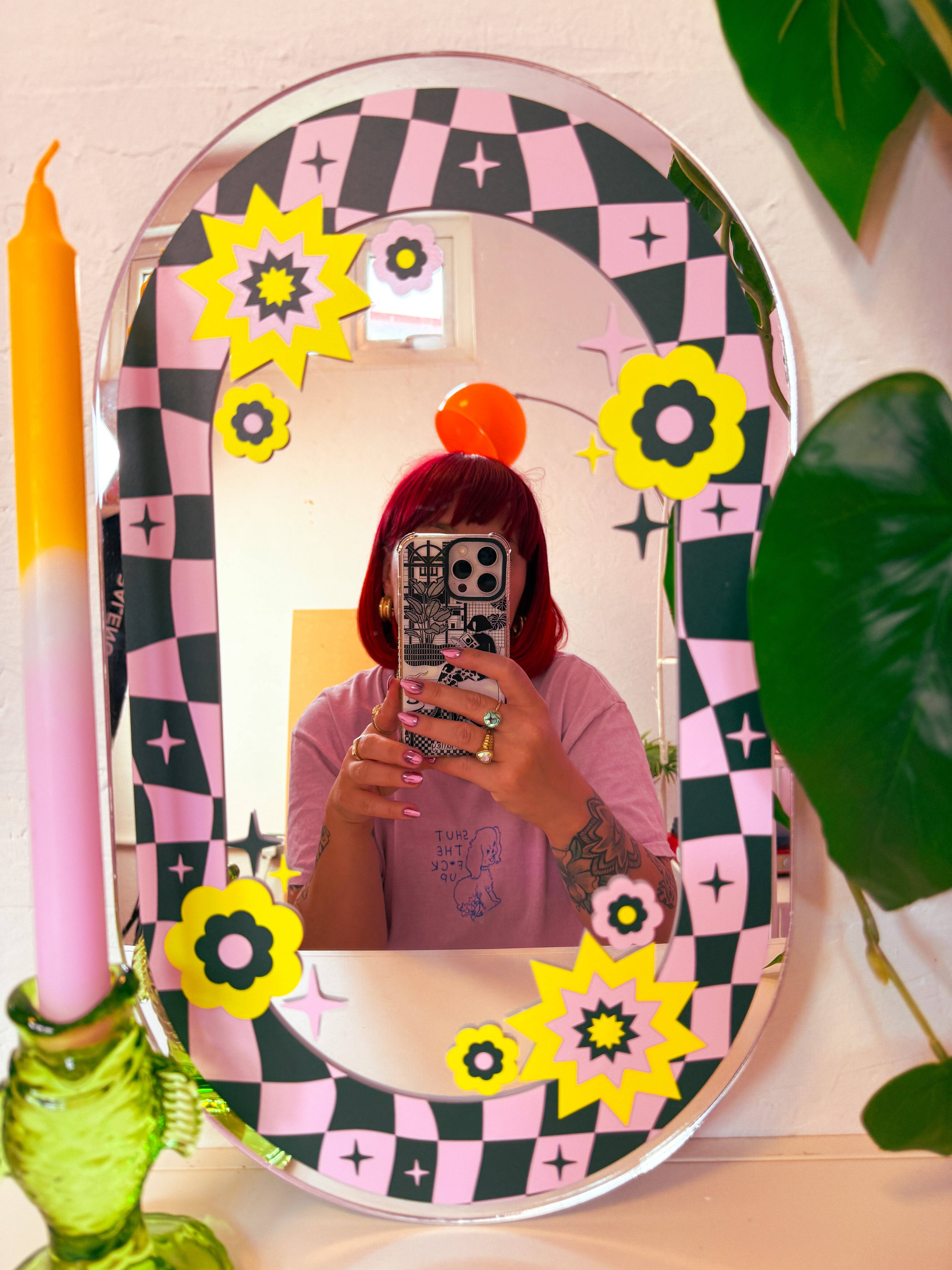 Printed Weird – wholesale Wall mirror – Oval Floral Check Mirror - Teal & Pink4