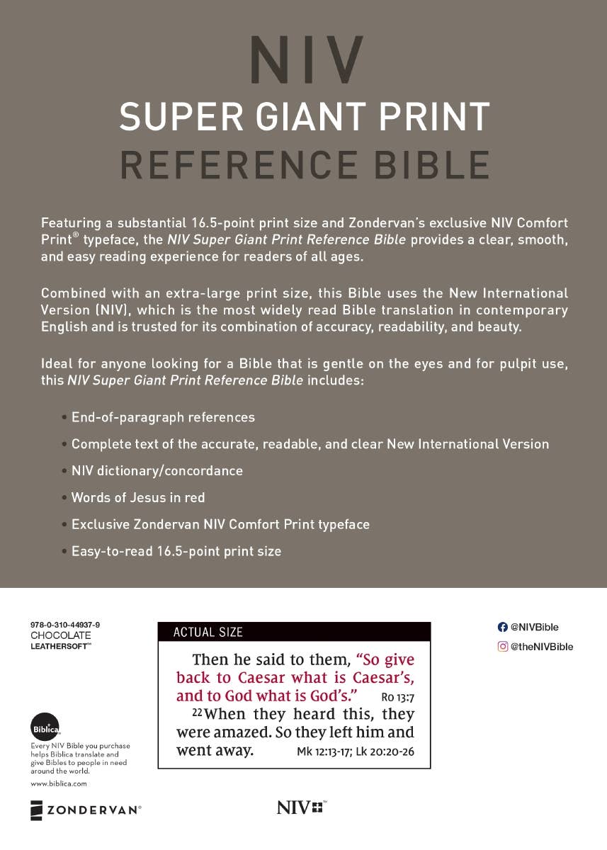 HarperCollins Christian Publishing - Wholesale Reference - NIV Super Giant Print Reference Bible Leathersoft Brown9