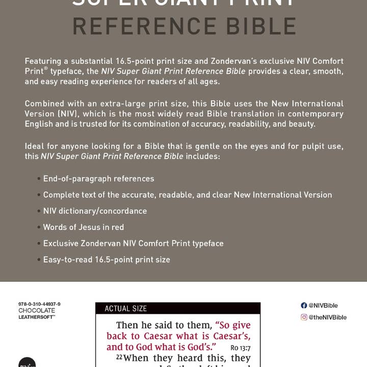 HarperCollins Christian Publishing - Wholesale Reference - NIV Super Giant Print Reference Bible Leathersoft Brown9