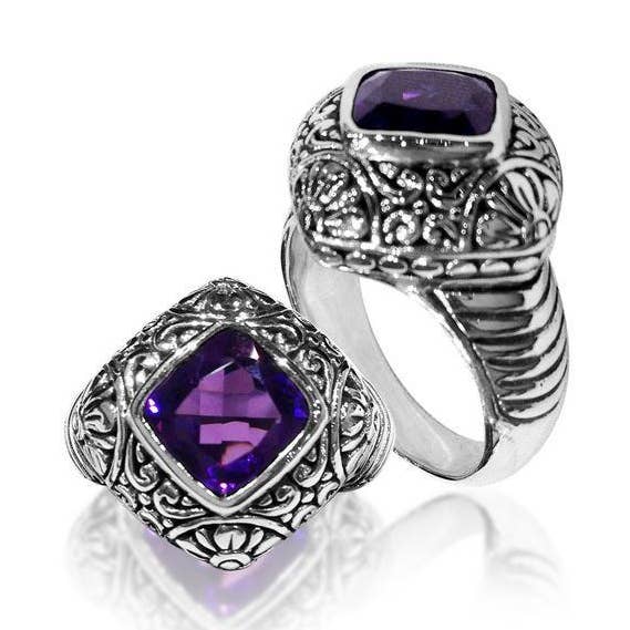 AR-6084-AM Sterling Silver Amethyst Quartz Ring – Handcrafted Bali Statement Jewelry for wholesale by Bali Designs