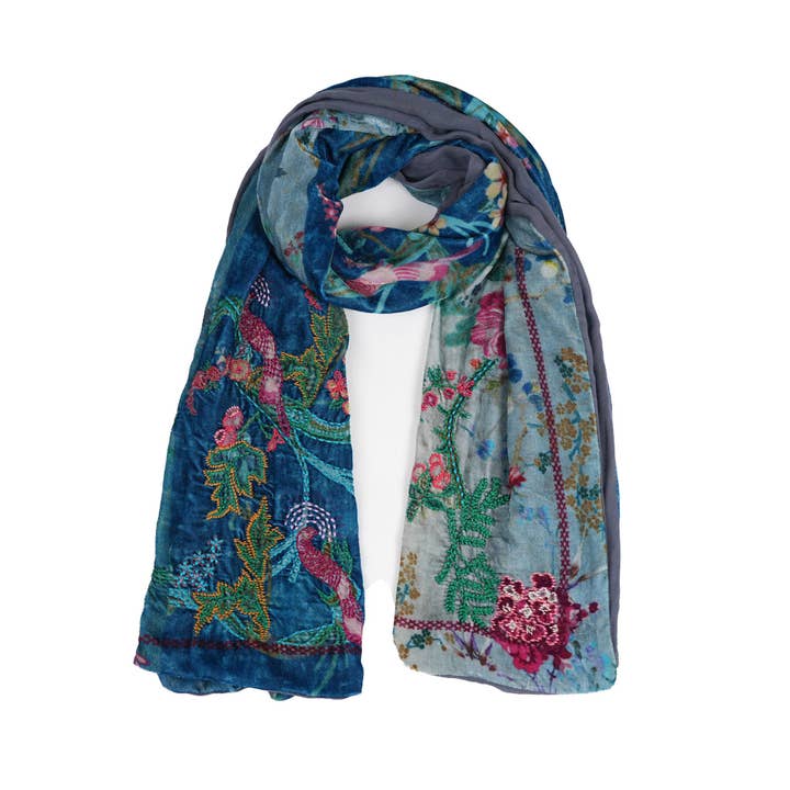 Enchanted Garden Velvet Scarf – Dusty Blue for wholesale by Vismaya - A Brand by Shivani LLC