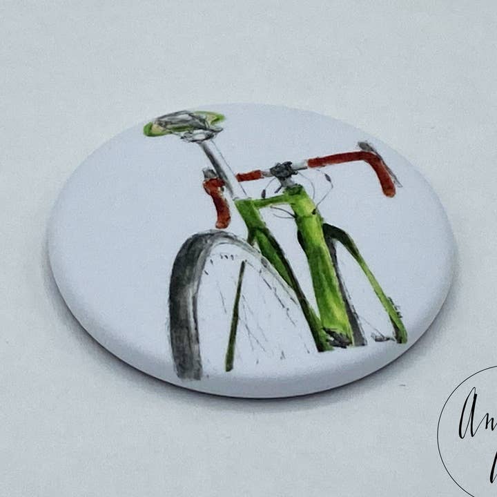 Imán para frigorífico con bicicleta de carreras verde y sillín, redondo de 3,8 cm para venta al por mayor de Annelis Art International