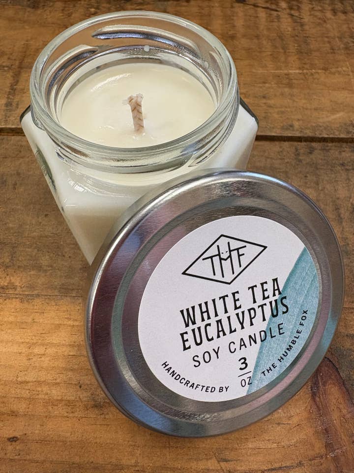 White Tea Eucalyptus Soy Candle - 3oz Hexagon Jar for wholesale by The Humble Fox Candle Co.