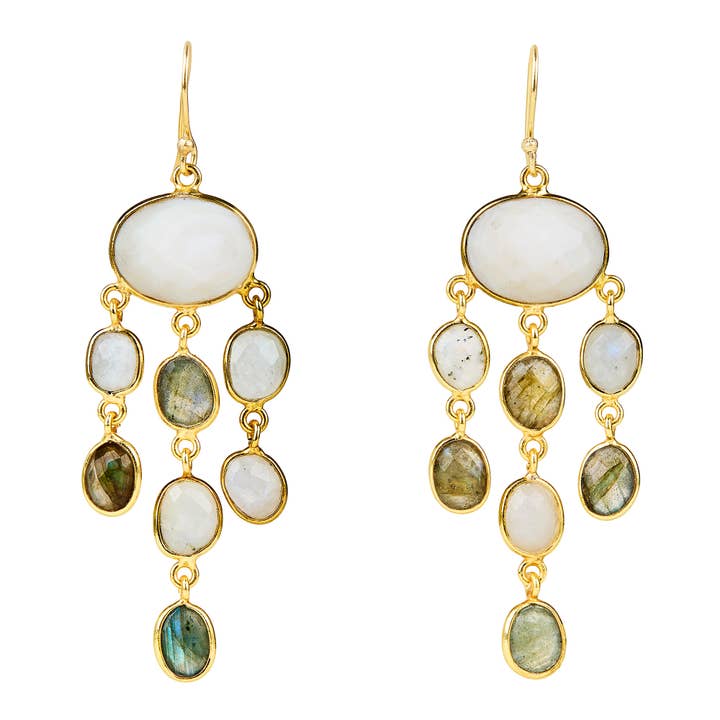 Labradorite & Moonstone Cloud Chandelier Earrings for wholesale by Elyssa Bass Designs