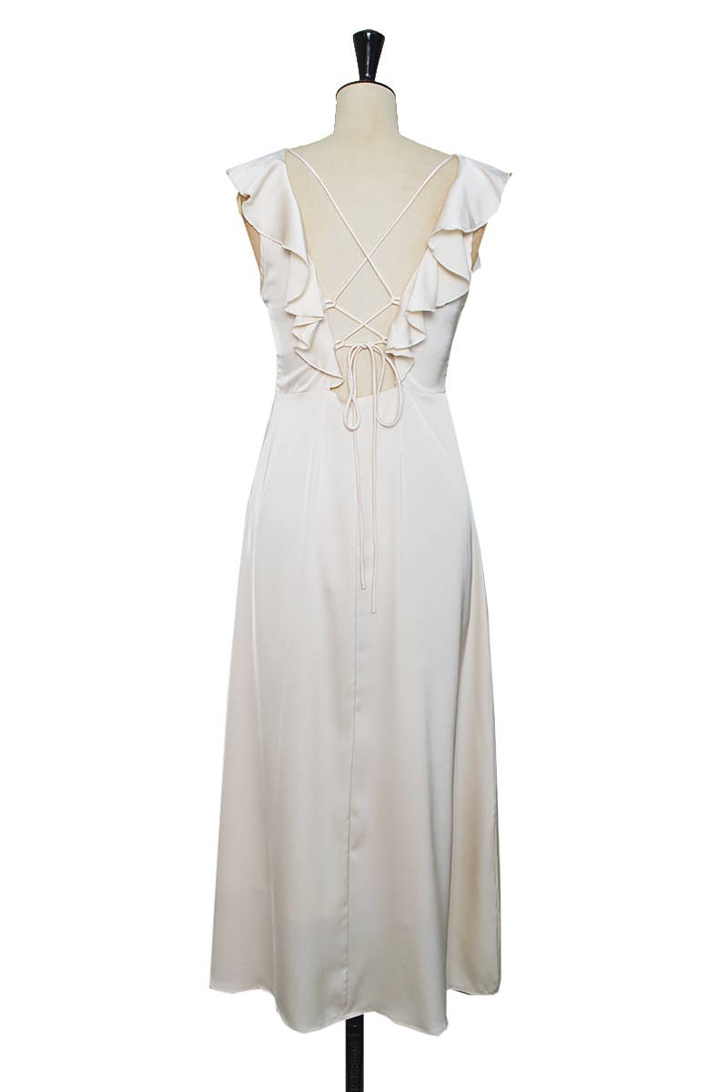 ELLI WHITE – Engroshandel Kjole - Dame – Lang satin cocktailkjole med blonderryg1