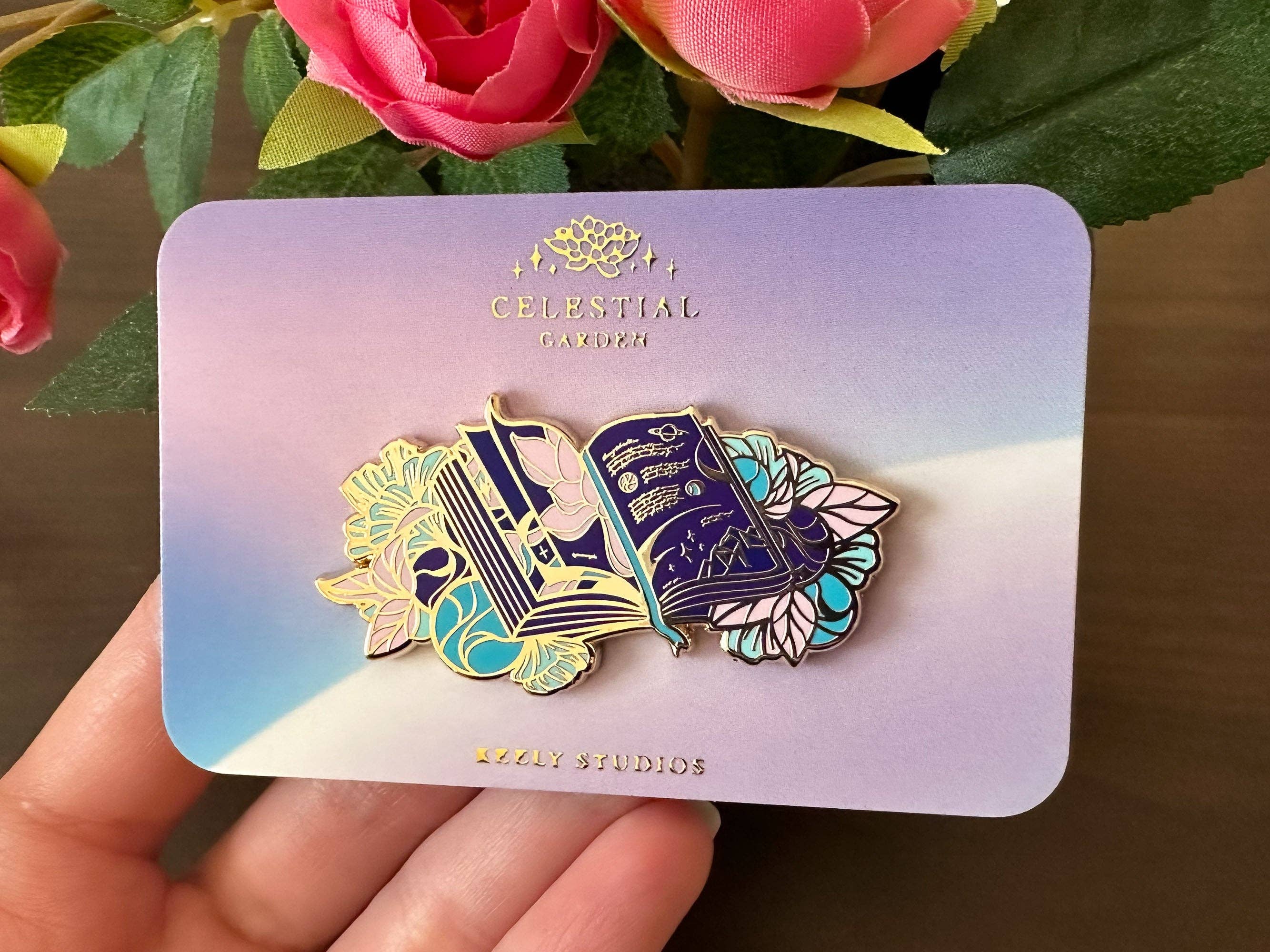 Keely Studios - Wholesale Lapel Pin/Button - Gold Tome of Celestial Gardening Hard Enamel Pin1