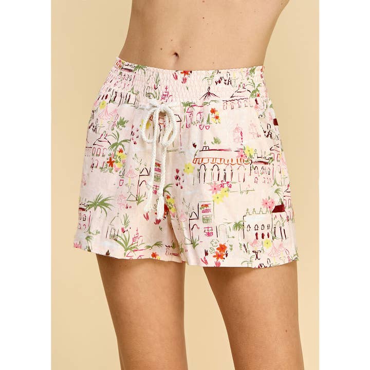 SHORTS IMPRIMÉS À CORDON DE SERRAGE EN ROSE POUDRÉ pour la vente par Winslow Collection
