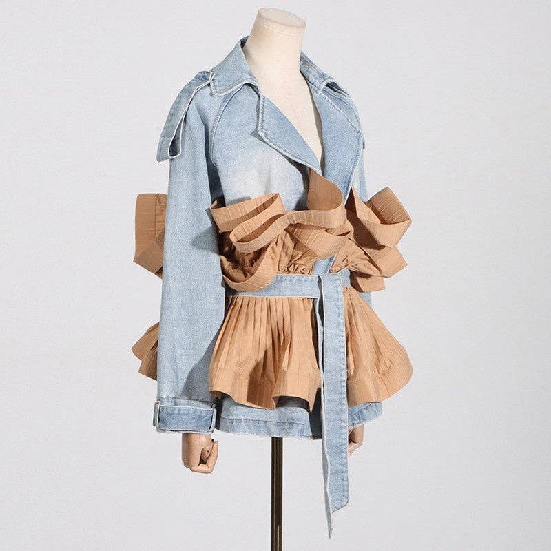 KHAKI Women's Denim Jacket With Contrast Lapel And Ruffle Hem for wholesale on Faire2
