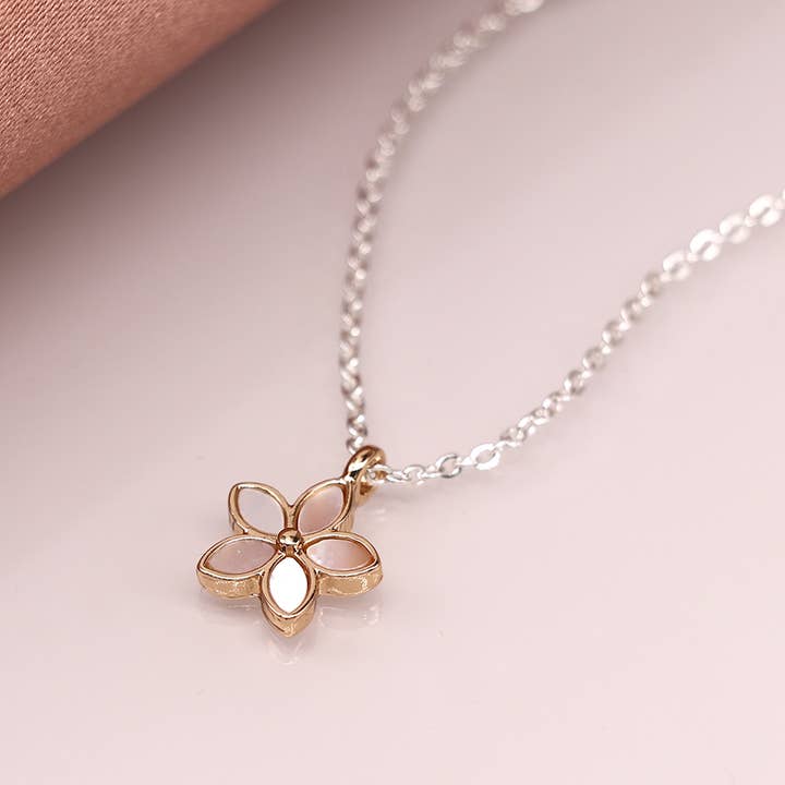 Golden Shell Inset Flower Pendant On Silver Plated Chain for wholesale by Peace Of Mind