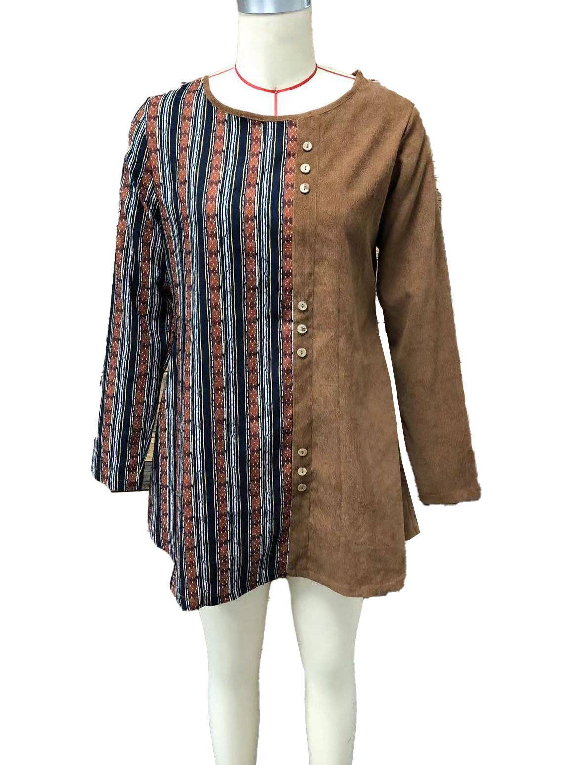 BROWN Buttoned Patchwork Boho Top for wholesale on Faire2