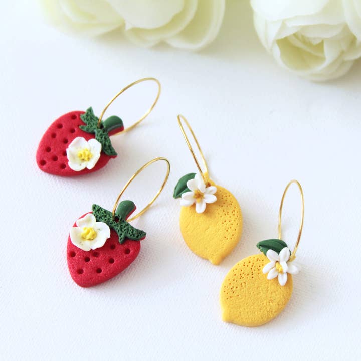 Lemon and Strawberry Hoops, Polymer Clay Earrings, Spring Su for wholesale by Studio Niani