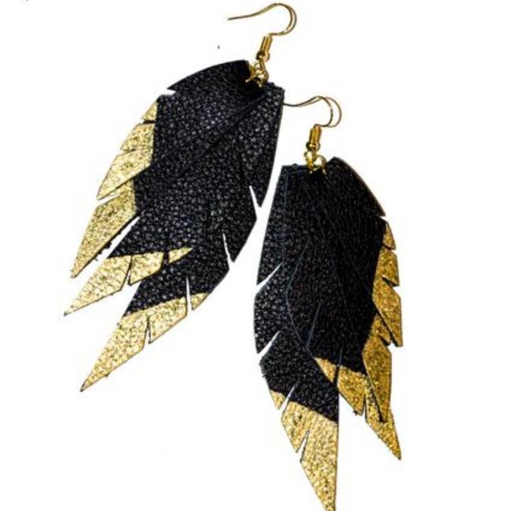 The Supply Society - Wholesale Dangle Earrings - Layered Leather Earring- Black/Gold Dipped