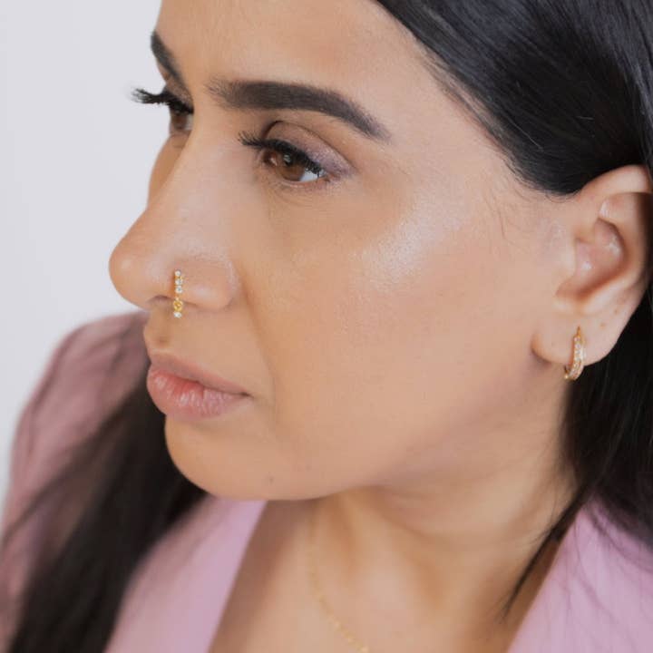 Purple 3 Stone Thick Gold Dangle Nose Ring For a Pierced Nose for wholesale on Faire2