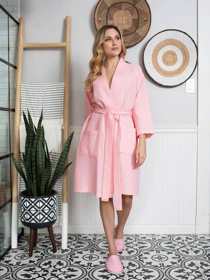 Lotus Linen - Wholesale Robe – Women's - Knee-Length Waffle Robe for Women38