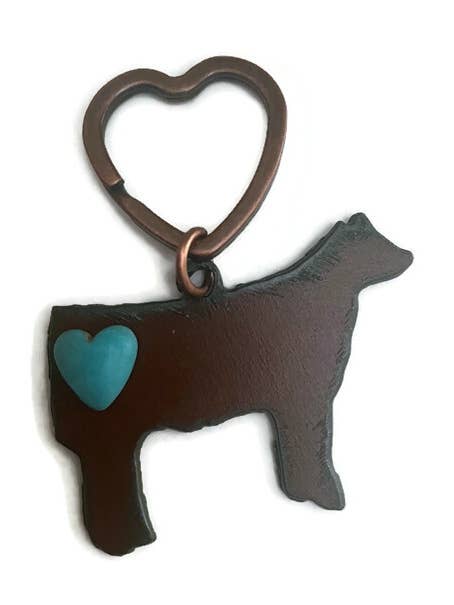 Rustic STEER Farm animal metal keychain with heart for wholesale by The Rustic Barn
