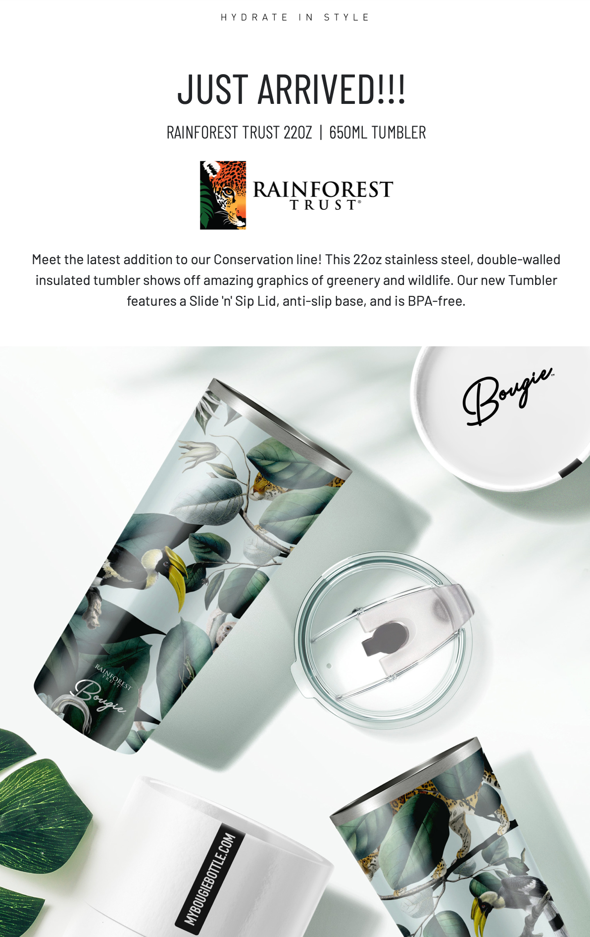 My Bougie Bottle – wholesale Insulated mug/tumbler – RAINFOREST TRUST Animal Jungle 22 oz Insulated Tumbler4
