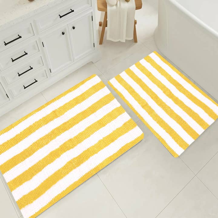 Large 2 Piece Set Yellow White Stripe Soft Chenille Bath Mat for wholesale by home mart goods